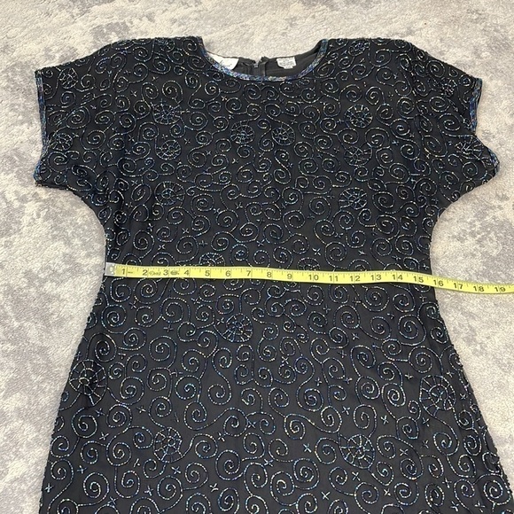 Vintage Laurence Kazar Black Silk Beaded Evening Cocktail Shift Dress Sz MP - Picture 6 of 11